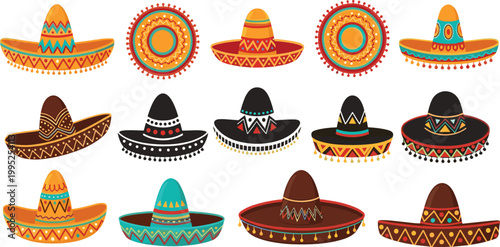Traditional Mexican sombrero vector icon set featuring colorful patterned hats with pom pom trim for Cinco de Mayo festival and restaurant menu design