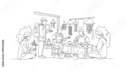 Artistic sketch of people crafting and selling handmade goods.
