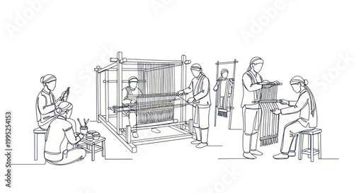 Artisans weaving fabric on traditional looms in a workshop.