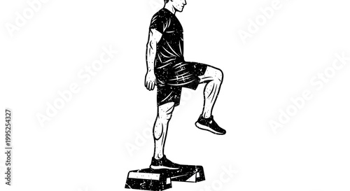 Man stepping on aerobic stepper, fitness workout, black and white illustration