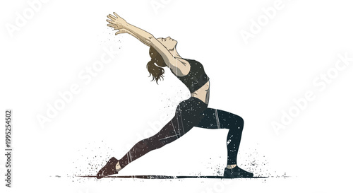 Woman doing yoga warrior pose with arms raised, stretching and fitness