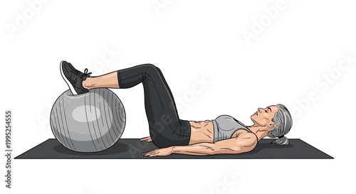 Woman exercising with fitness ball on yoga mat