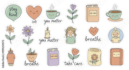 Collection of cute hand-drawn mental health and self-care illustrations.
