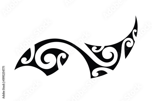 polynesian maori tribal ornament in traditional tattoo style. Elongated decorative element with ethnic geometric patterns and flowing shapes. Bold black ornamental composition suitable for body art pr