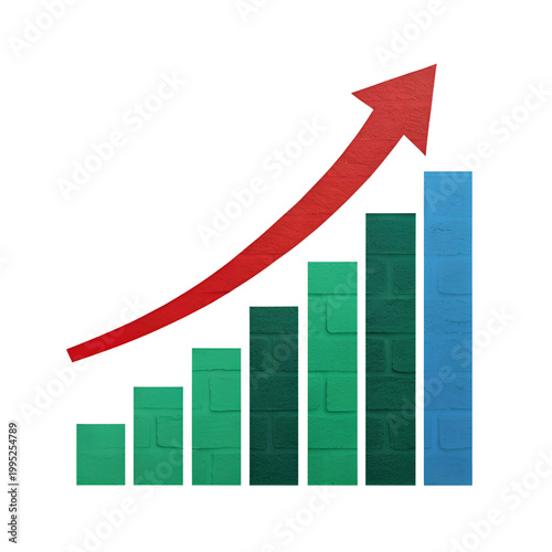 Growth Bar Chart with Red Upward Arrow & Textured Columns on White Background on transparent  background