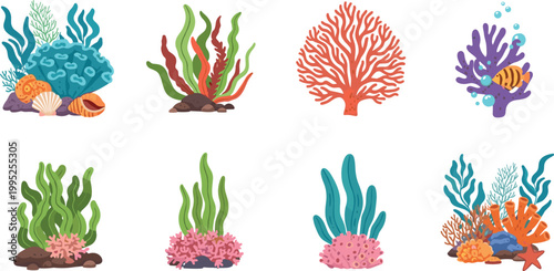 Colorful coral reef and sea plants collection with underwater marine elements in vibrant flat vector illustration style set