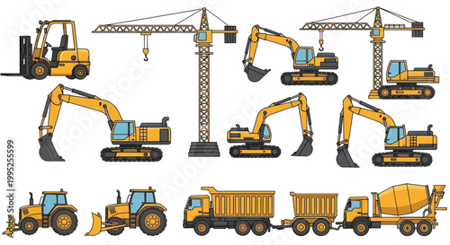 Collection of heavy construction vehicles equipment.