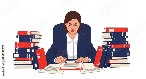 Woman sitting at desk with books.