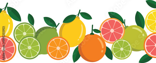 Flat minimalist illustration of citrus fruits with lemons limes orange and grapefruit slices arranged on white background