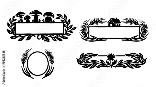 Black and white rustic cottagecore vector banners and line dividers. Features woodland silhouettes of a wheat wreath, cozy house, and watering can