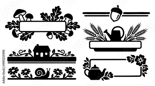 Black and white cottagecore vector banners, dividers, and text box frames featuring silhouettes of a cozy teapot, watering can, house, and snail