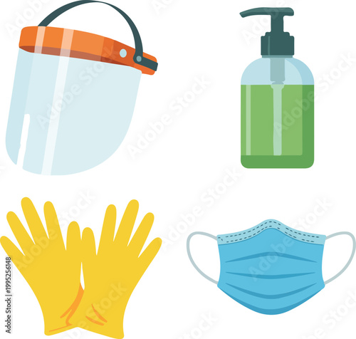 Flat minimalist illustration of covid protection items including face shield mask gloves and sanitizer on white background