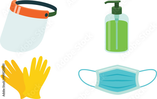 Flat minimalist illustration of covid protection items including face shield mask gloves and sanitizer on white background