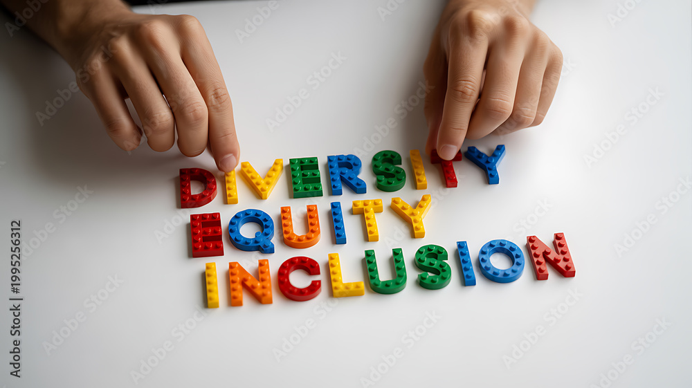 Fototapeta premium Hands arranging colorful blocks spelling diversity equity inclusion emphasizing speed, motion, and dynamic energy