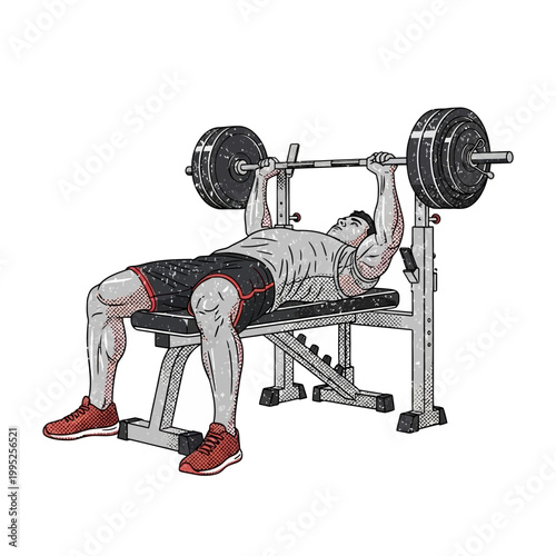 Man performing bench press exercise with barbell on weight bench in gym