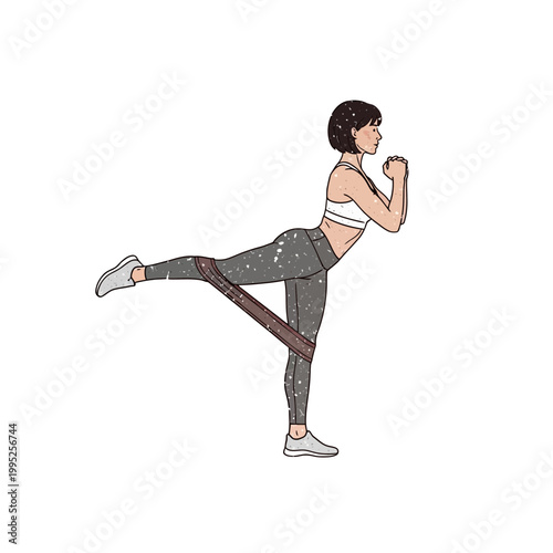 Woman exercising with resistance band, glute workout, fitness illustration
