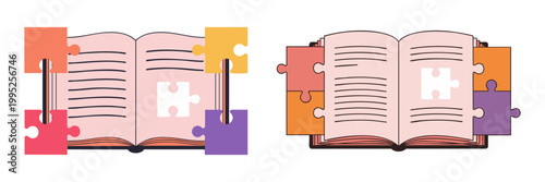 Vector graphic illustration representing books and colorful puzzle pieces symbolizing knowledge acquisition and problem-solving through education.
