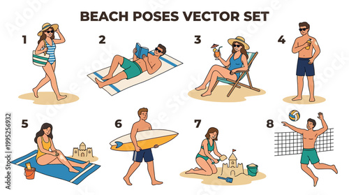 Collection of diverse people enjoying various activities and poses on a sunny summer beach vacation