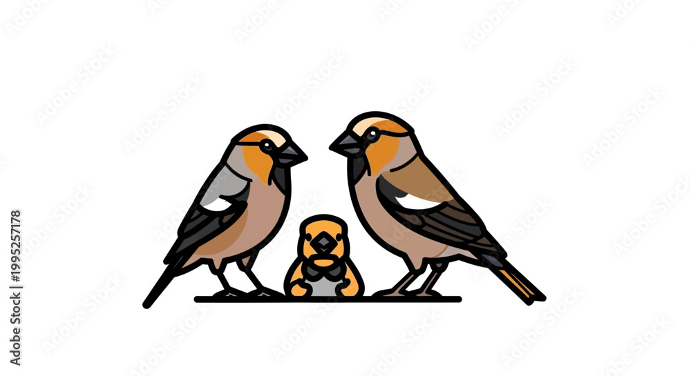 Obraz premium Family of Birds - Two Adult Birds and a Baby Bird Illustration.