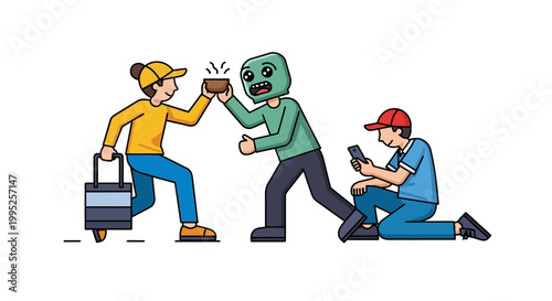 Cartoon Illustration of Delivery Person High Fiving Zombie for Payment.