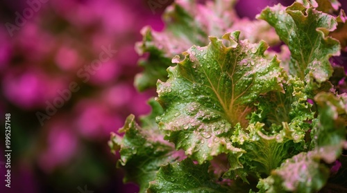 Close-up of fresh organic lettuce growing in a vertical farm with LED lighting.