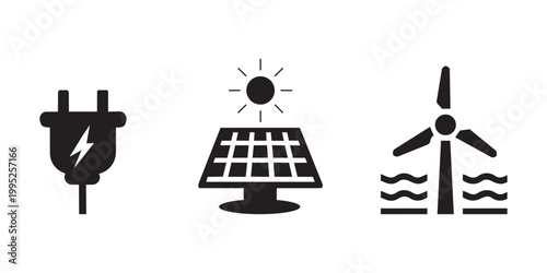 Renewable energy sources icons electricity solar and wind power