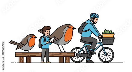 Illustrated depiction of a robin bird, child, and cyclist on a sunny day.