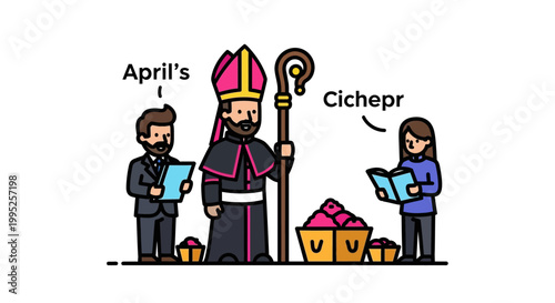 Cartoon depiction of a bishop with staff and two assistants.