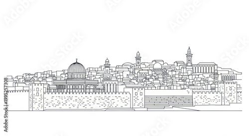 Jerusalem Old City Wall Drawing Illustration.