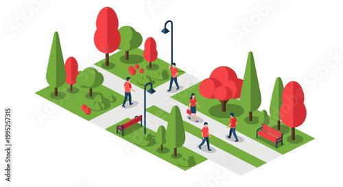 People walking on city park paths.