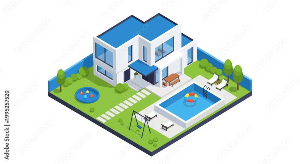 Fototapeta premium Modern Isometric House with Swimming Pool and Garden.