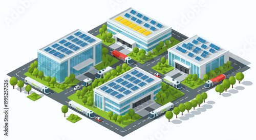 Modern Industrial Park with Solar Panels and Greenery.