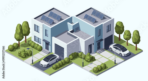 Modern Isometric Houses with Solar Panels and Electric Cars.