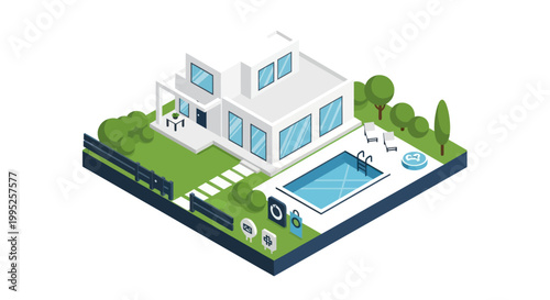 Modern Isometric Smart House with Swimming Pool and Lush Garden.