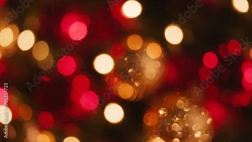 Festive red and gold bokeh lights with sparkling lens flares