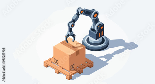 Robotic arm placing a package on a wooden pallet in an industrial setting.