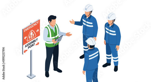 Safety briefing for industrial workers at an assembly point.