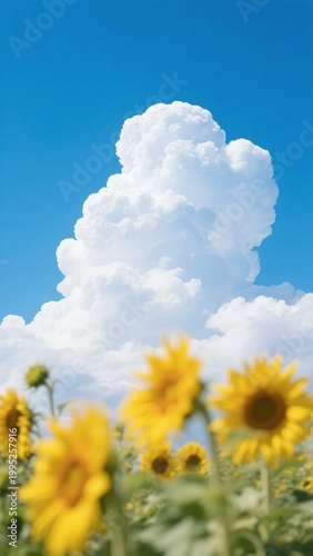 青空と大きな入道雲を背景に咲くひまわり、夏をテーマにしたイメージ