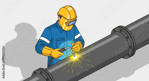 Skilled Welder Working on Industrial Pipeline with Protective Gear.