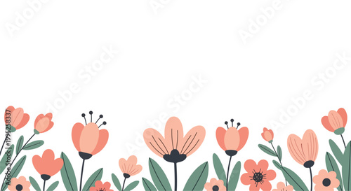 Vibrant floral border with pink flowers and green leaves on white background for decoration