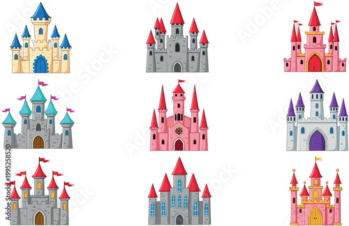 Fantasy fairytale castles set with colorful towers and magical palace buildings in flat vector illustration style collection