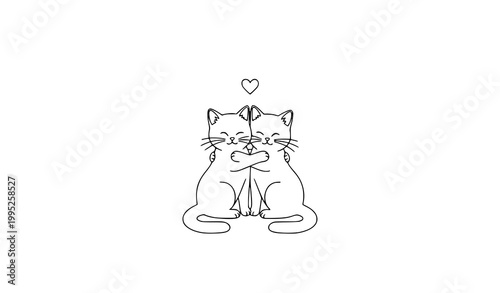 Minimal two cats hugging with heart contour line vector illustration simple coloring page affectionate animal design