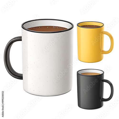 Set of Three Coffee Mugs: White Speckled, Yellow, and Black on transparent background