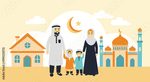 Happy Muslim Family Holding Hands Celebrating Eid al-Adha with Mosque House and Crescent Moon Background