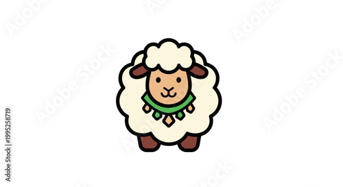Cute Kawaii Sacrifice Sheep Character Wearing Green Ornamental Collar with Geometric Charms for Eid al-Adha Illustration
