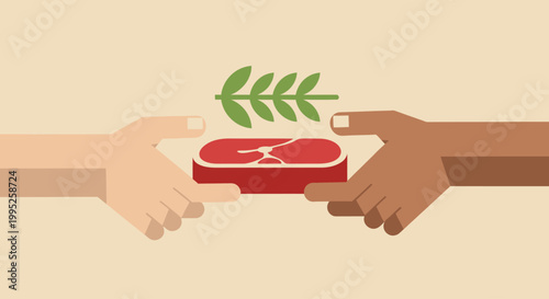 Diverse Hands Sharing Fresh Qurban Meat with Olive Branch Symbol for Eid al-Adha Charity and Peace Illustration