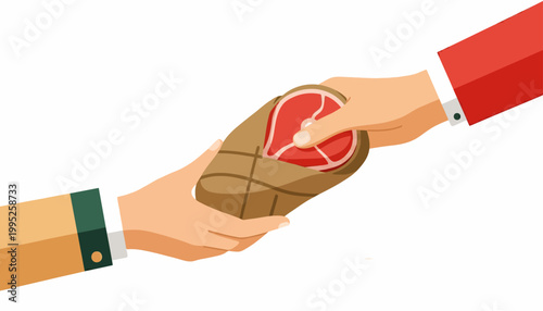 Hands Giving and Receiving Raw Sacrifice Meat in Paper Package for Eid al-Adha Charity Illustration