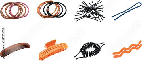 Hair accessories set with elastic bands clips bobby pins and styling tools in colorful flat vector illustration collection