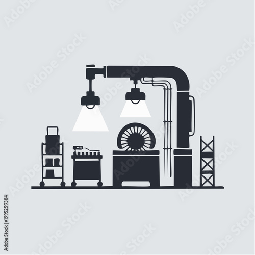 Industrial workshop scene with machinery and lamps vector illustration