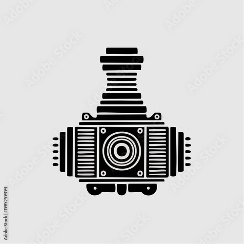 Black and white vintage camera illustration with lens and viewfinder